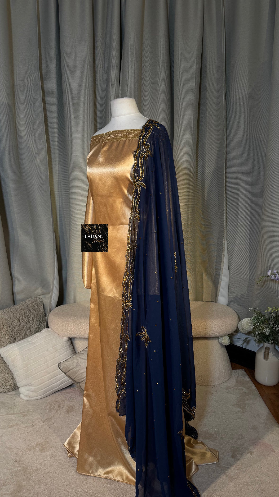 Bespoke Satin Bridesmaids Set - Chiffon Embroided Garbasaars | Navy Blue