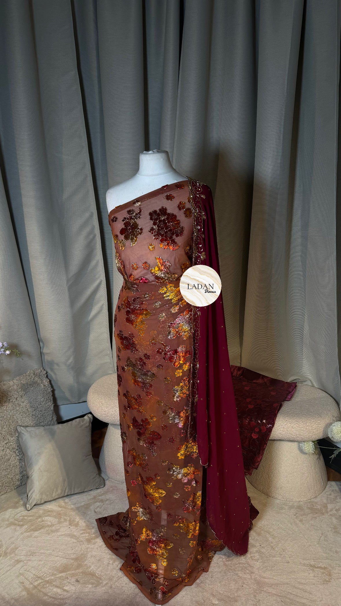 Floral Maqbal Collection | Wine & Brown Dirac Set