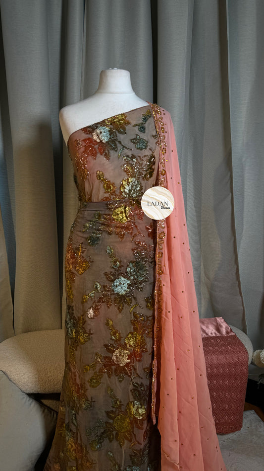 Floral Maqbal Collection | Muted Gold & Pink Dirac Set