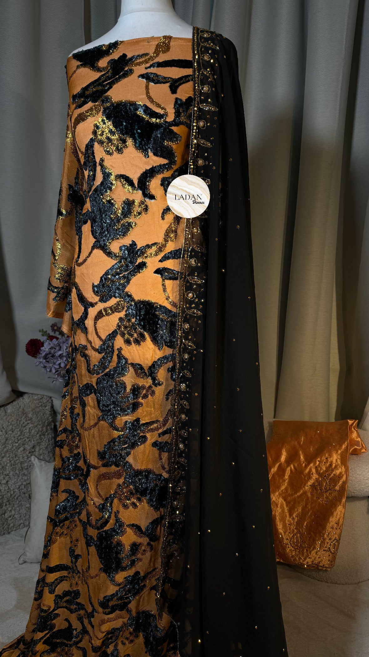 Floral Maqbal Collection | Black & Peach Dirac Set