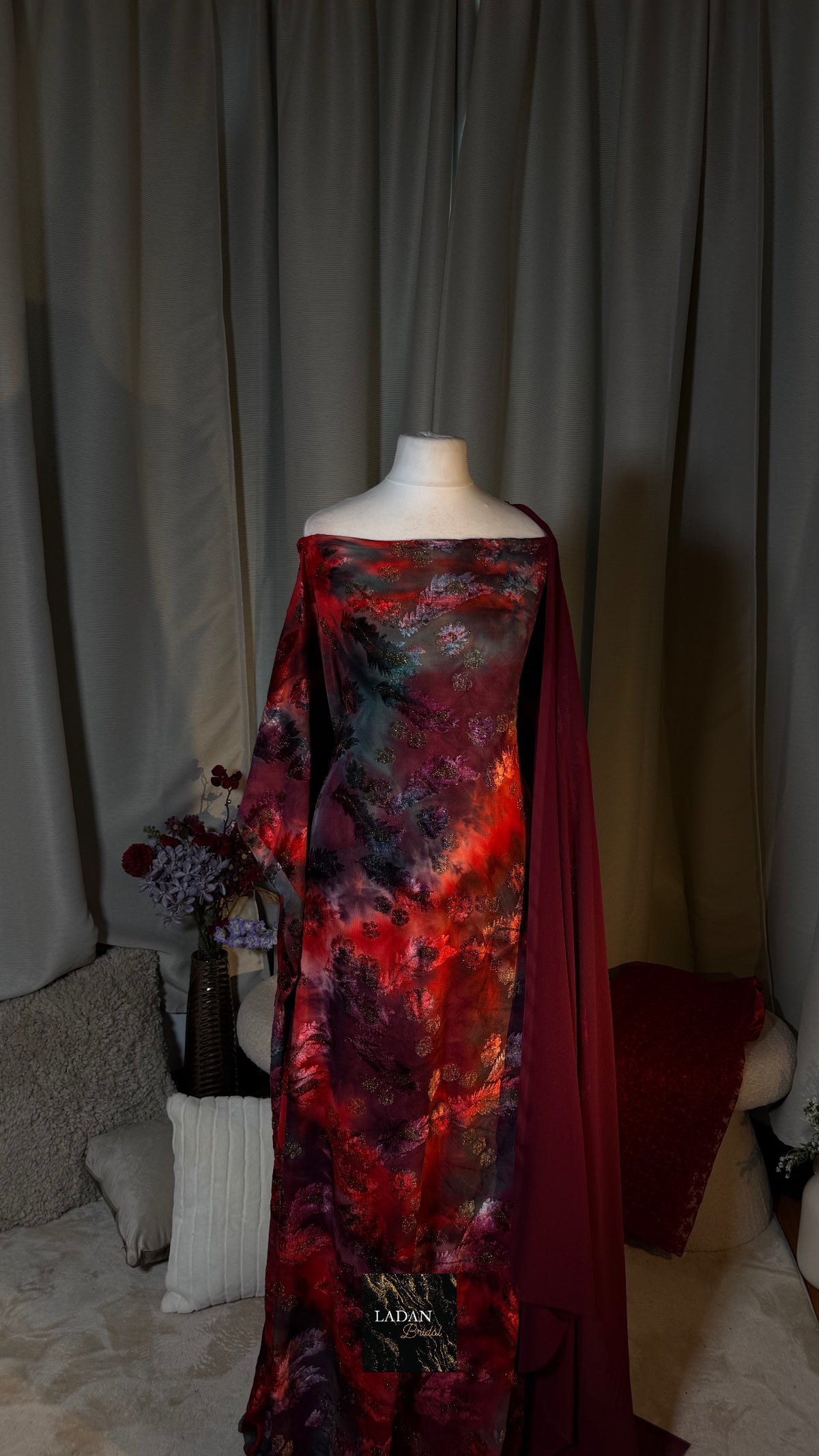Pre-Stitched Half- Bac Floral Velvet Dirac Set - Maroon/Red/Teal - Abaya Size 58/60