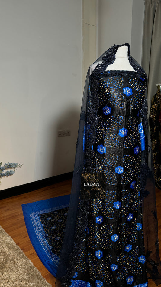 Stone Shaash Bridal Dirac Set | Off the Shoulder | Black & Royal Blue