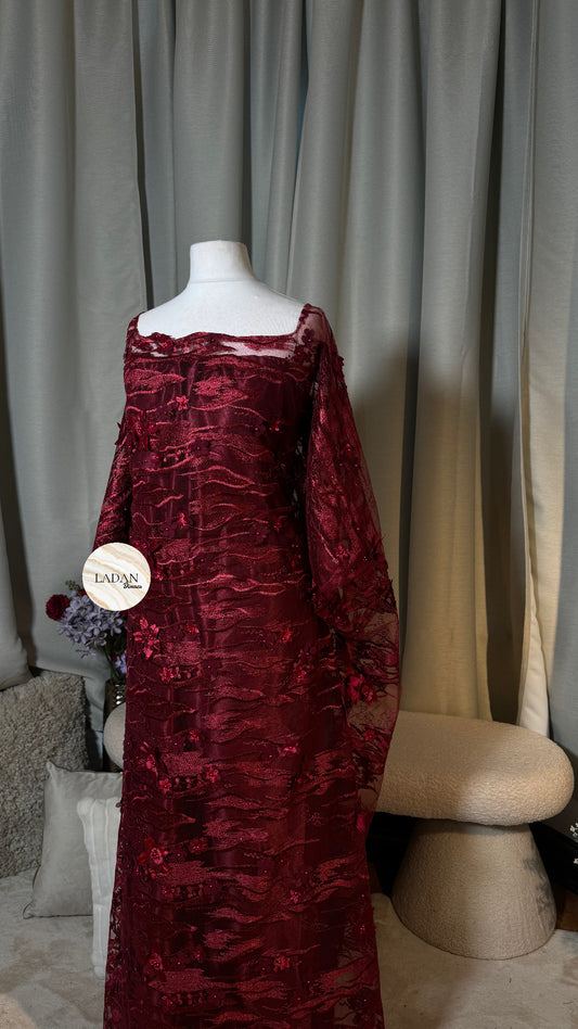 Floral Pearl Lace Dirac Set | Burgundy | Pre-stitched