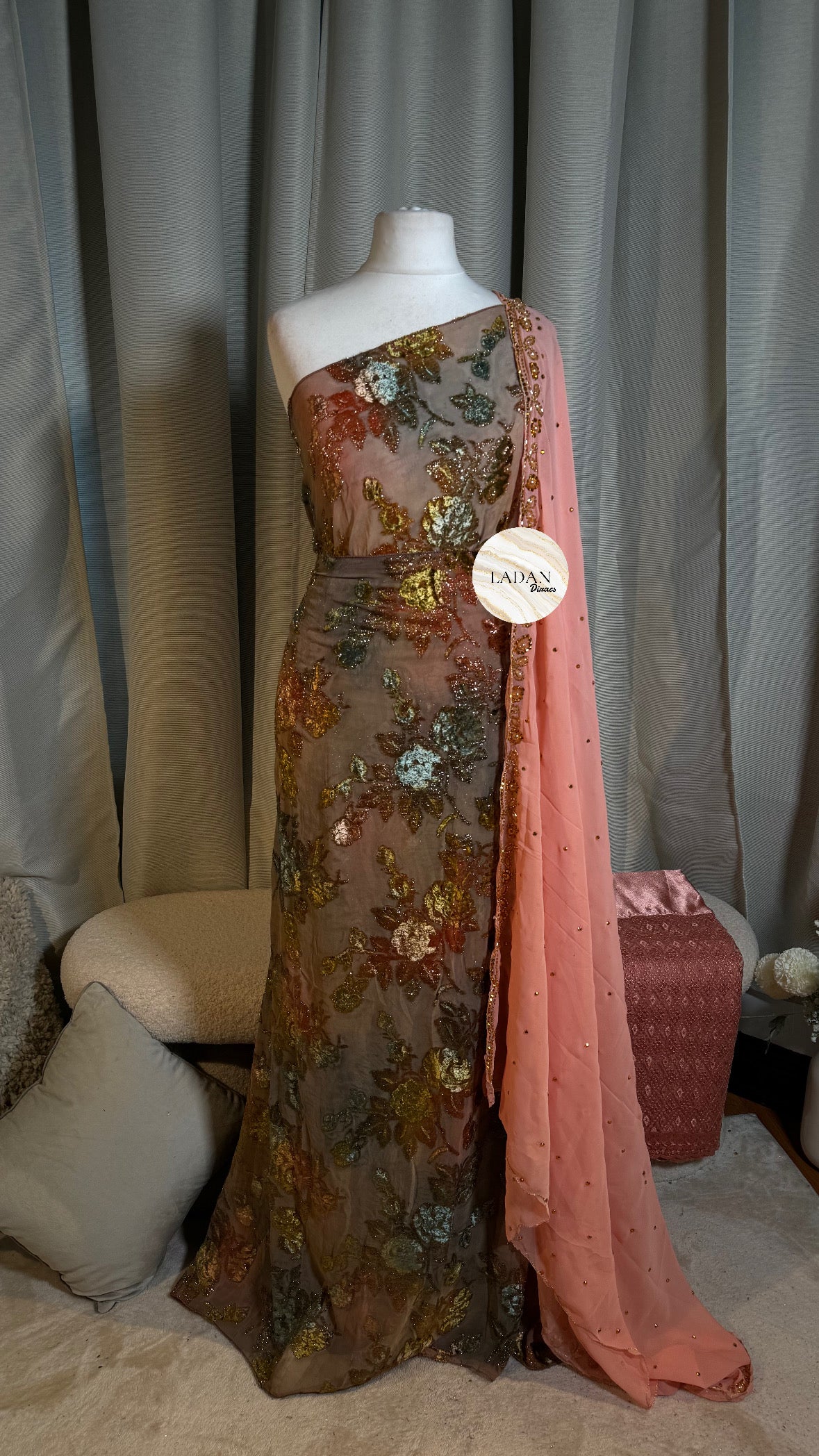 Floral Maqbal Collection | Muted Gold & Pink Dirac Set