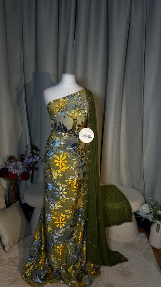 Prestige Maqbal Collection | Olive Green & Multicoloured Dirac Set