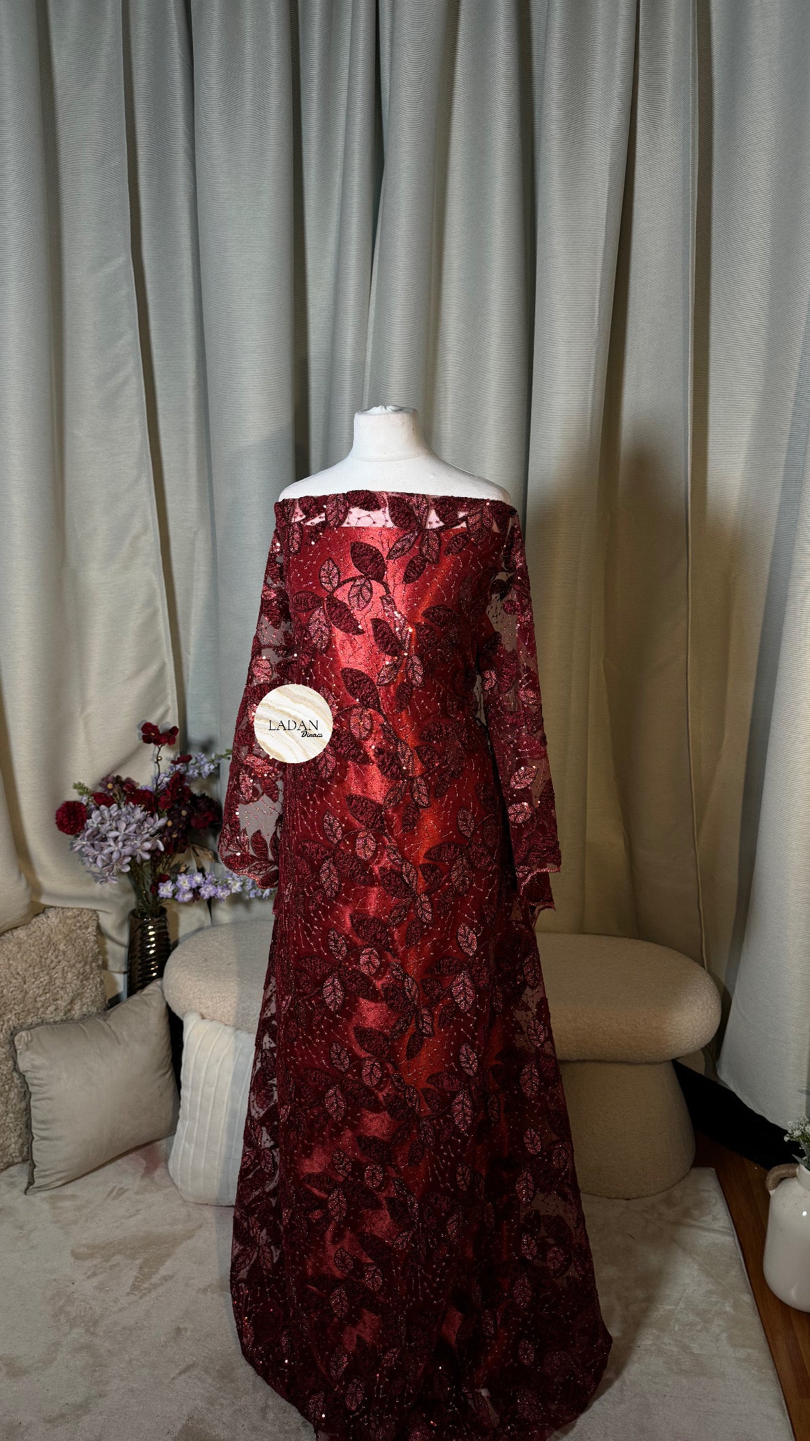 Maroon Leaf Lace Dirac Set