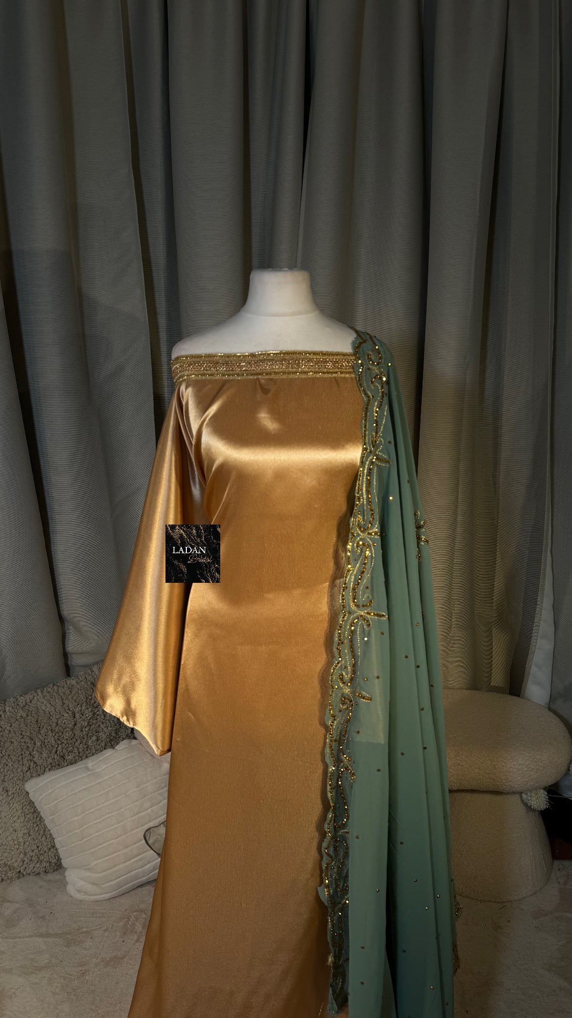 Bespoke Satin Bridesmaids Set - Chiffon Embroided Garbasaars | Gold & Mint Green