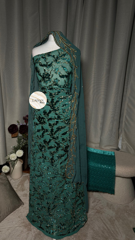 Luxury Maqbal Collection | Dark Mint Green Dirac Set