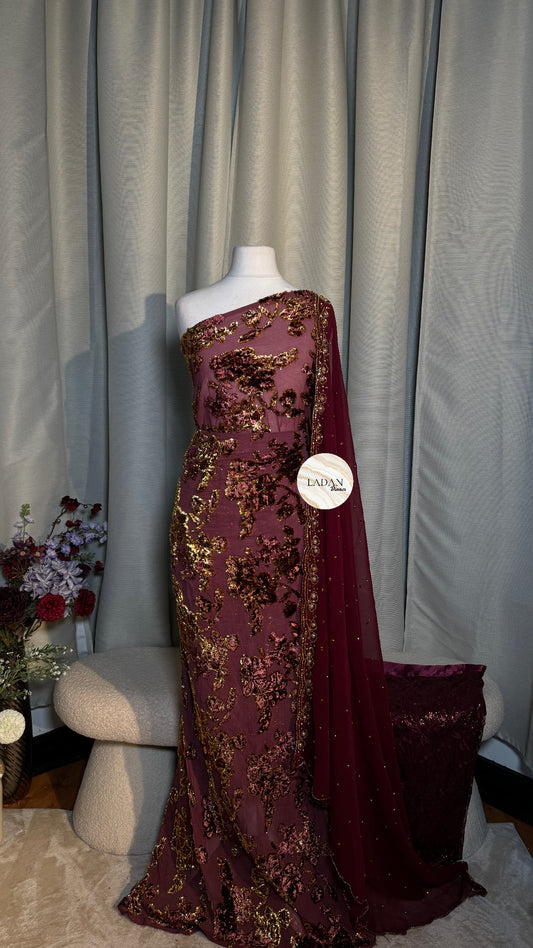 Intricate Floral Maqbal Collection | Wine Dirac Set