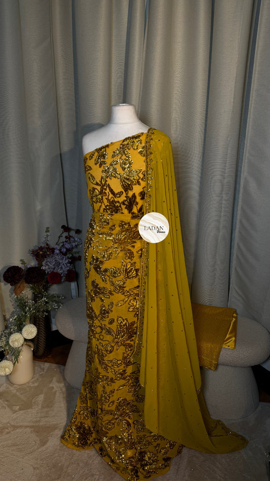 Luxury Floral Maqbal | Gold Dirac Set