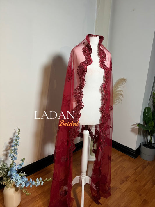 3 metre Pearl Lace Veil | Maroon