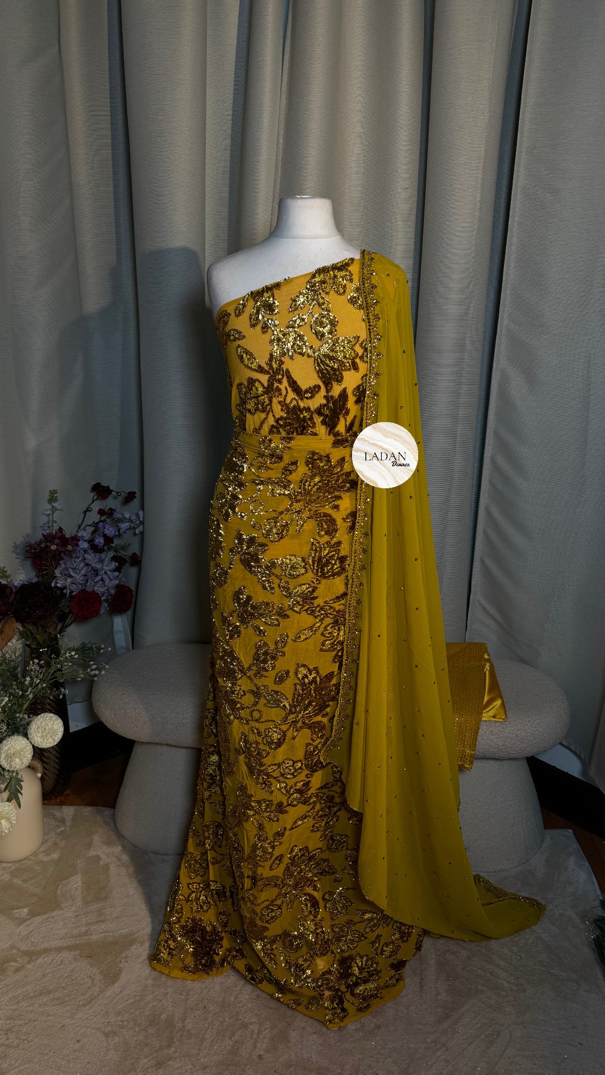 Luxury Floral Maqbal | Gold Dirac Set