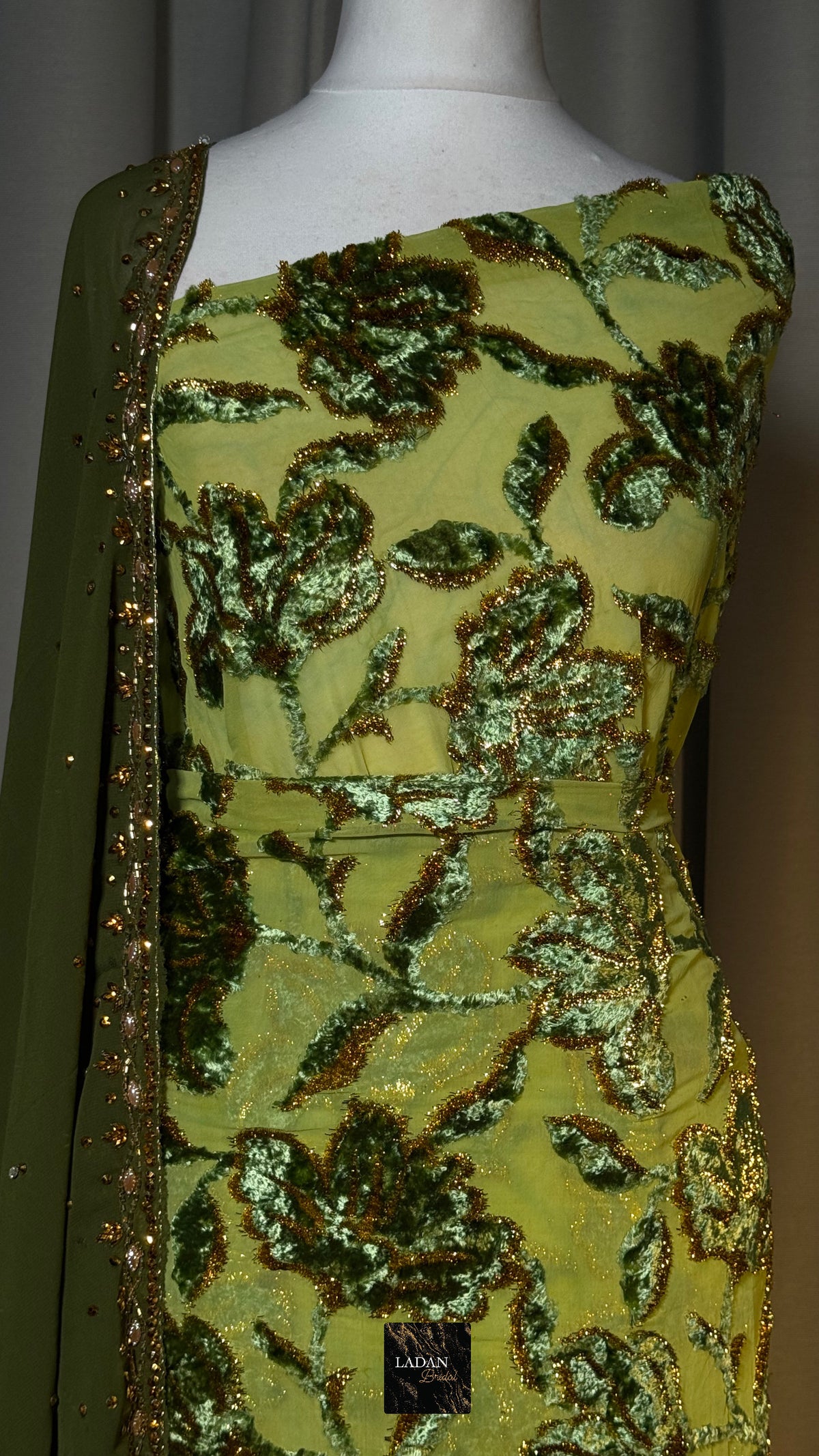 Luxury Maqbal | Hibiscus Collection | Olive & Mint Green Gold Dirac Set
