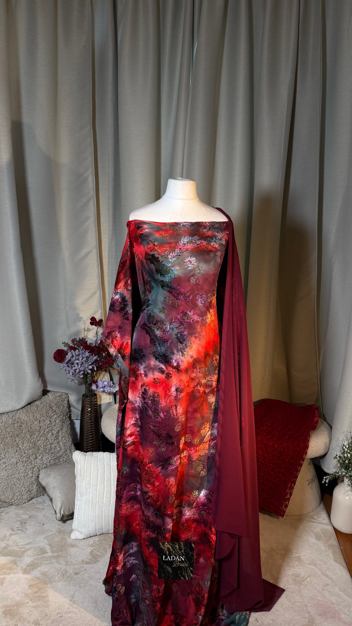 Pre-Stitched Half- Bac Floral Velvet Dirac Set - Maroon/Red/Teal - Abaya Size 58/60
