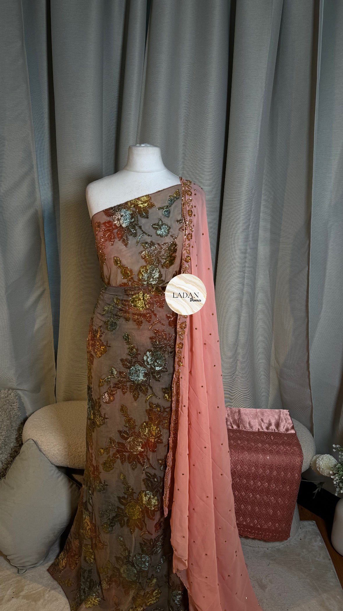 Floral Maqbal Collection | Muted Gold & Pink Dirac Set