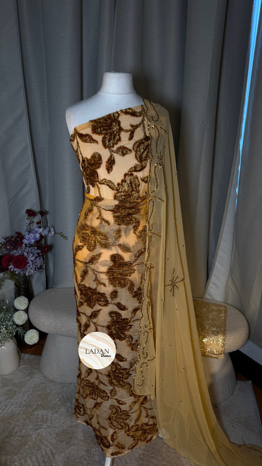 Luxury Maqbal | Hibiscus Collection | Beige Gold Dirac Set