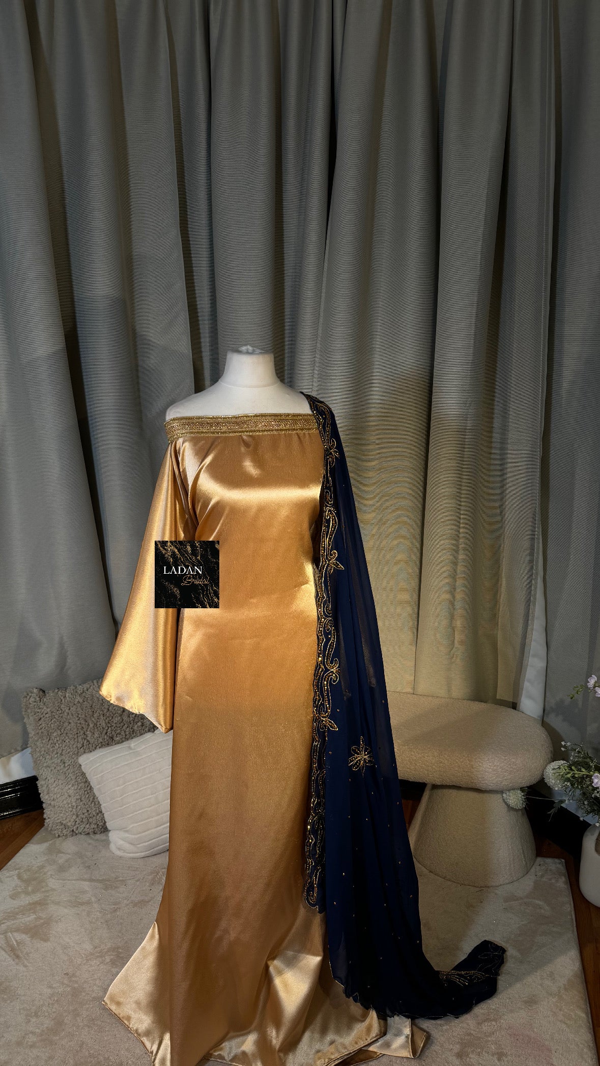 Bespoke Satin Bridesmaids Set - Chiffon Embroided Garbasaars | Navy Blue