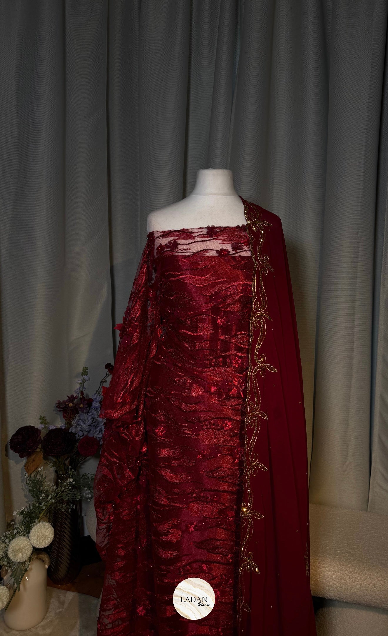 Floral Pearl Lace Dirac Set | Burgundy | Matching Embroidered Garbasaar