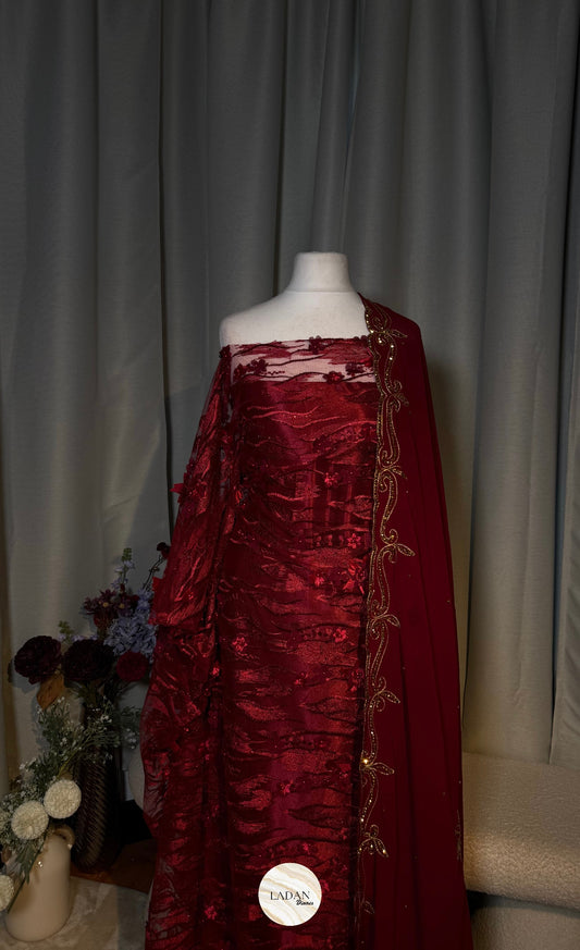 Floral Pearl Lace Dirac Set | Burgundy | Matching Embroidered Garbasaar