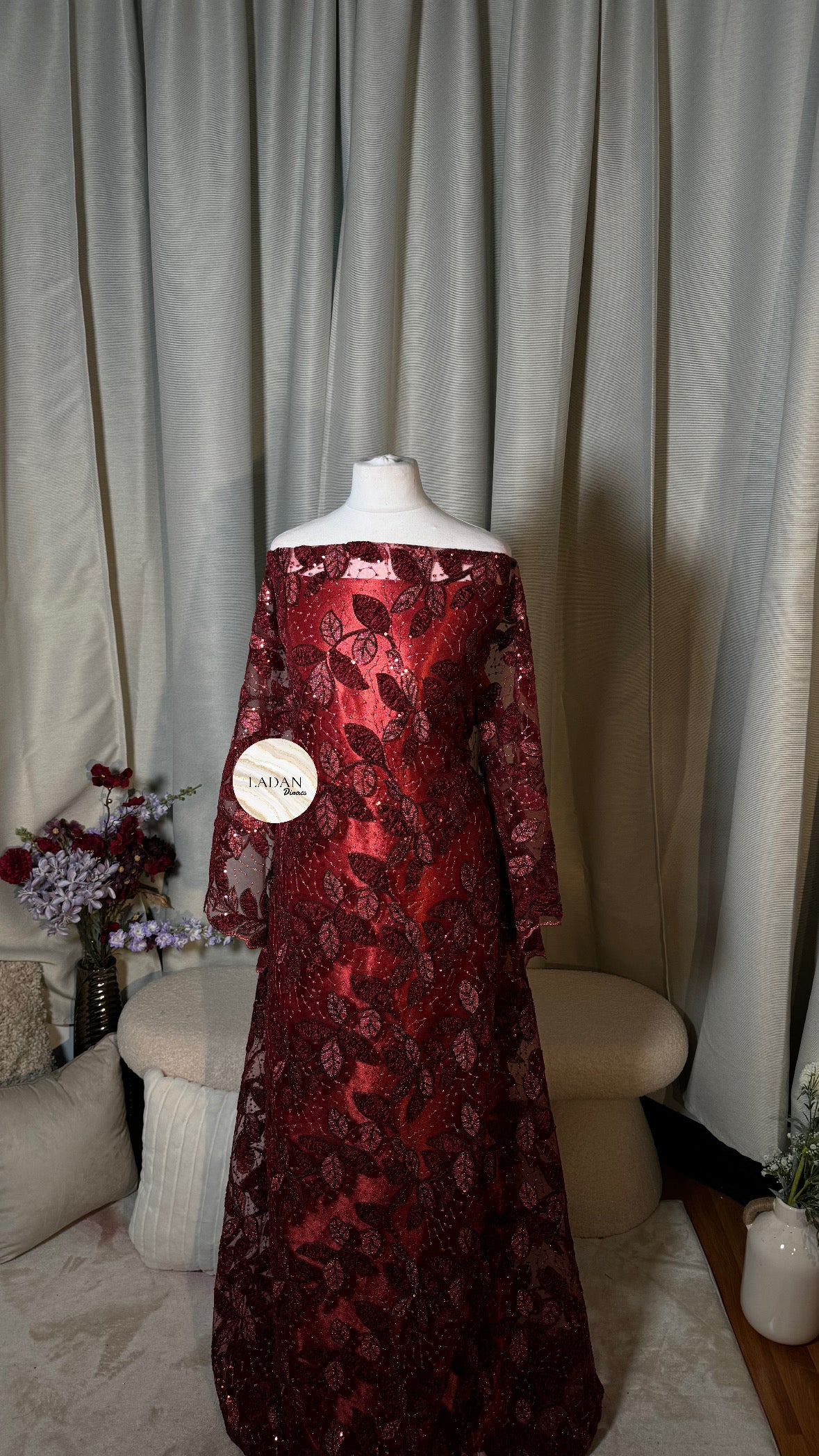 Maroon Leaf Lace Dirac Set