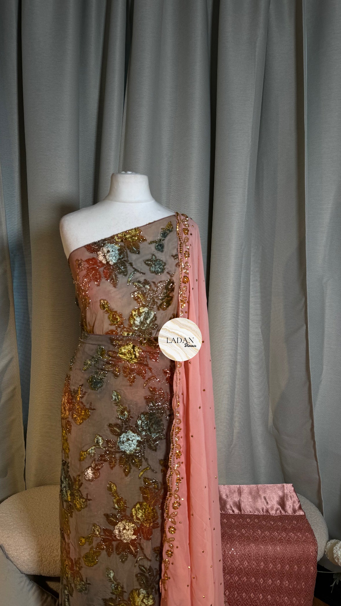Floral Maqbal Collection | Muted Gold & Pink Dirac Set