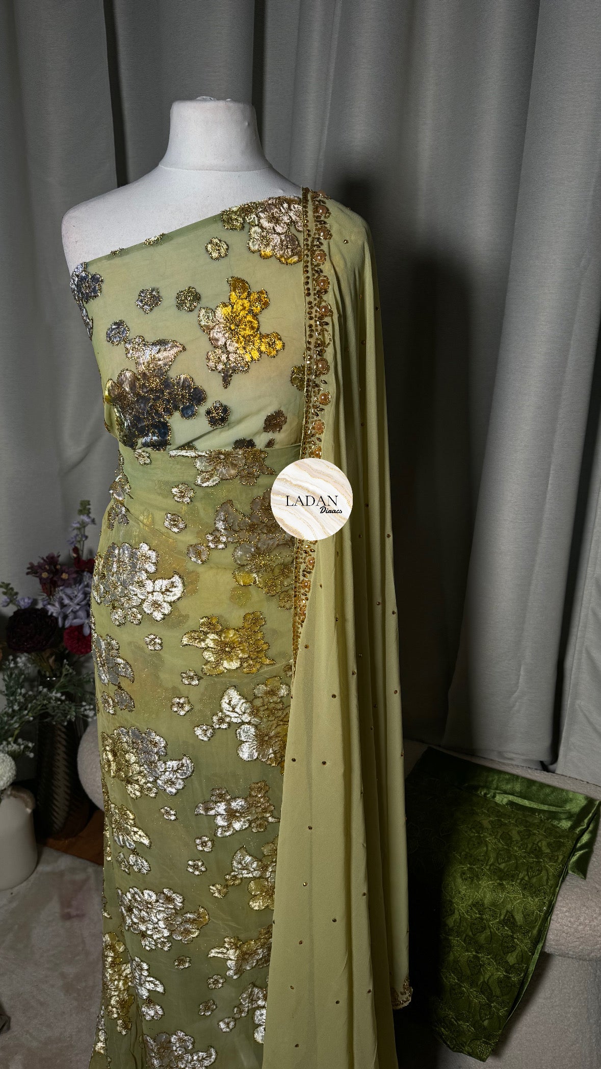 Floral Maqbal Collection | Sage Green Dirac Set