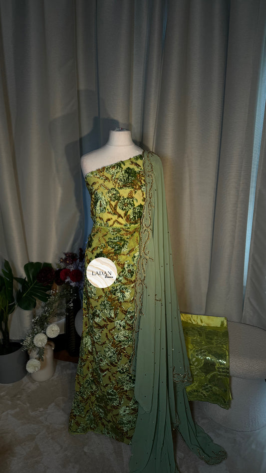 Intricate Floral Maqbal Collection | Sage Green & Mint Dirac Set
