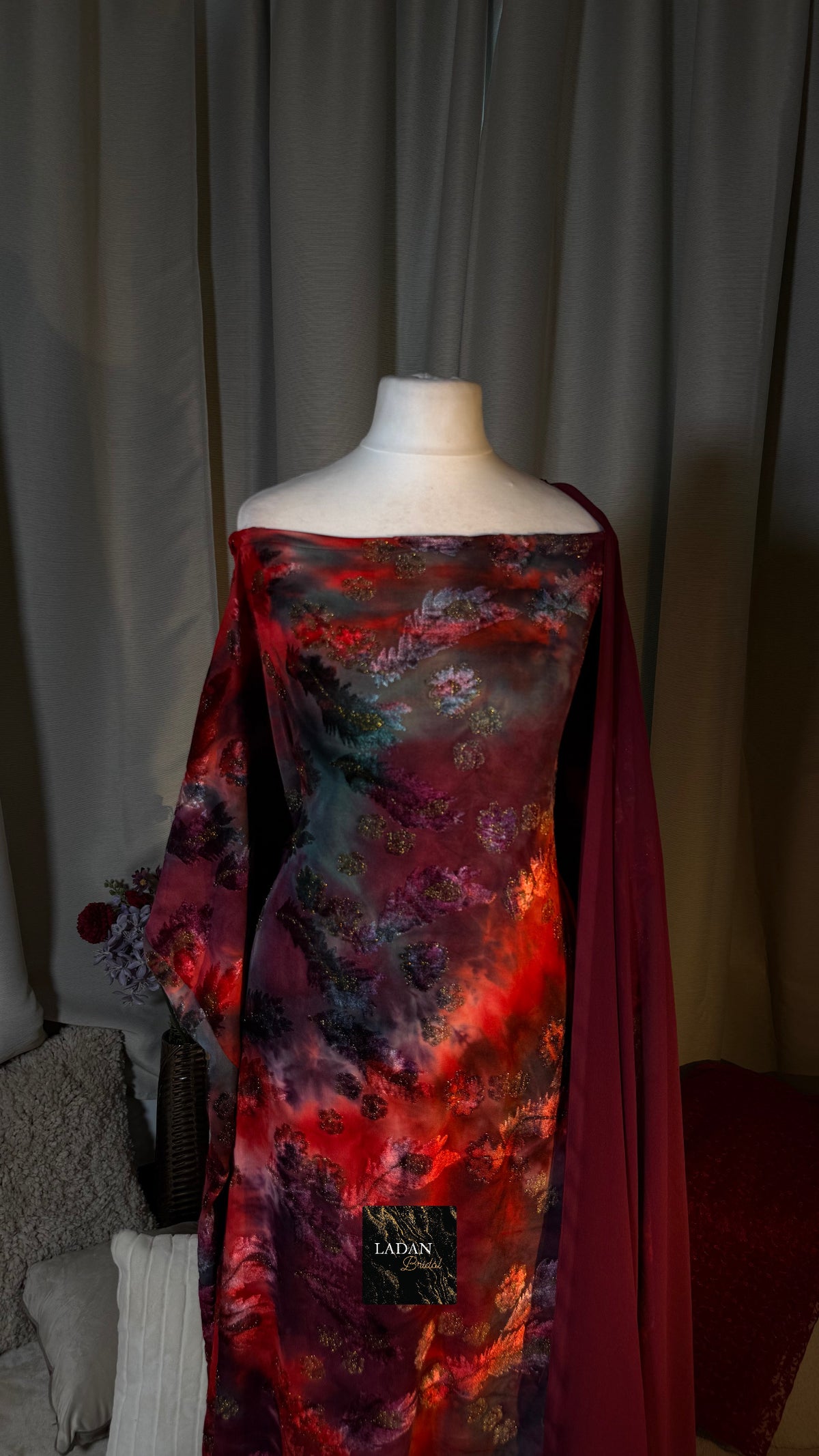Pre-Stitched Half- Bac Floral Velvet Dirac Set - Maroon/Red/Teal - Abaya Size 58/60