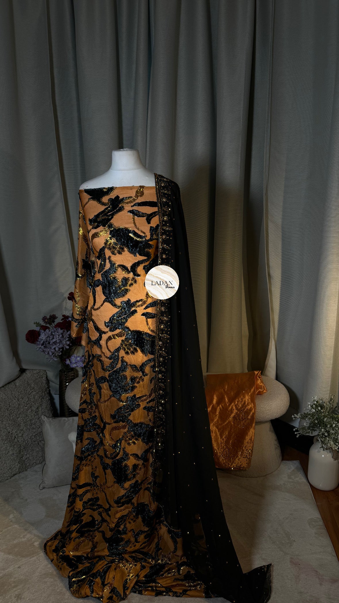 Floral Maqbal Collection | Black & Peach Dirac Set