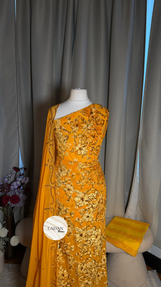 Intricate Floral Maqbal Collection | Golden Mustard Dirac Set