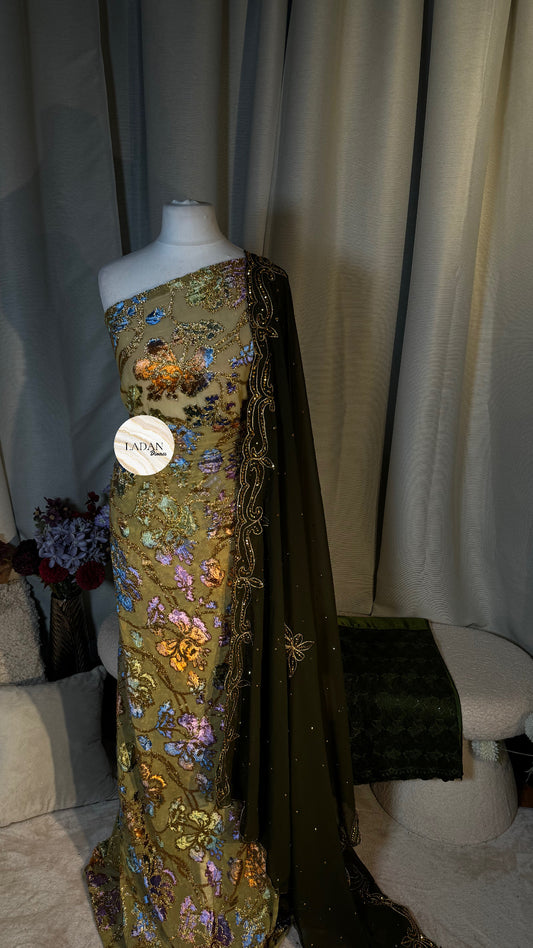 Floral Maqbal Collection | Olive Green Dirac Set