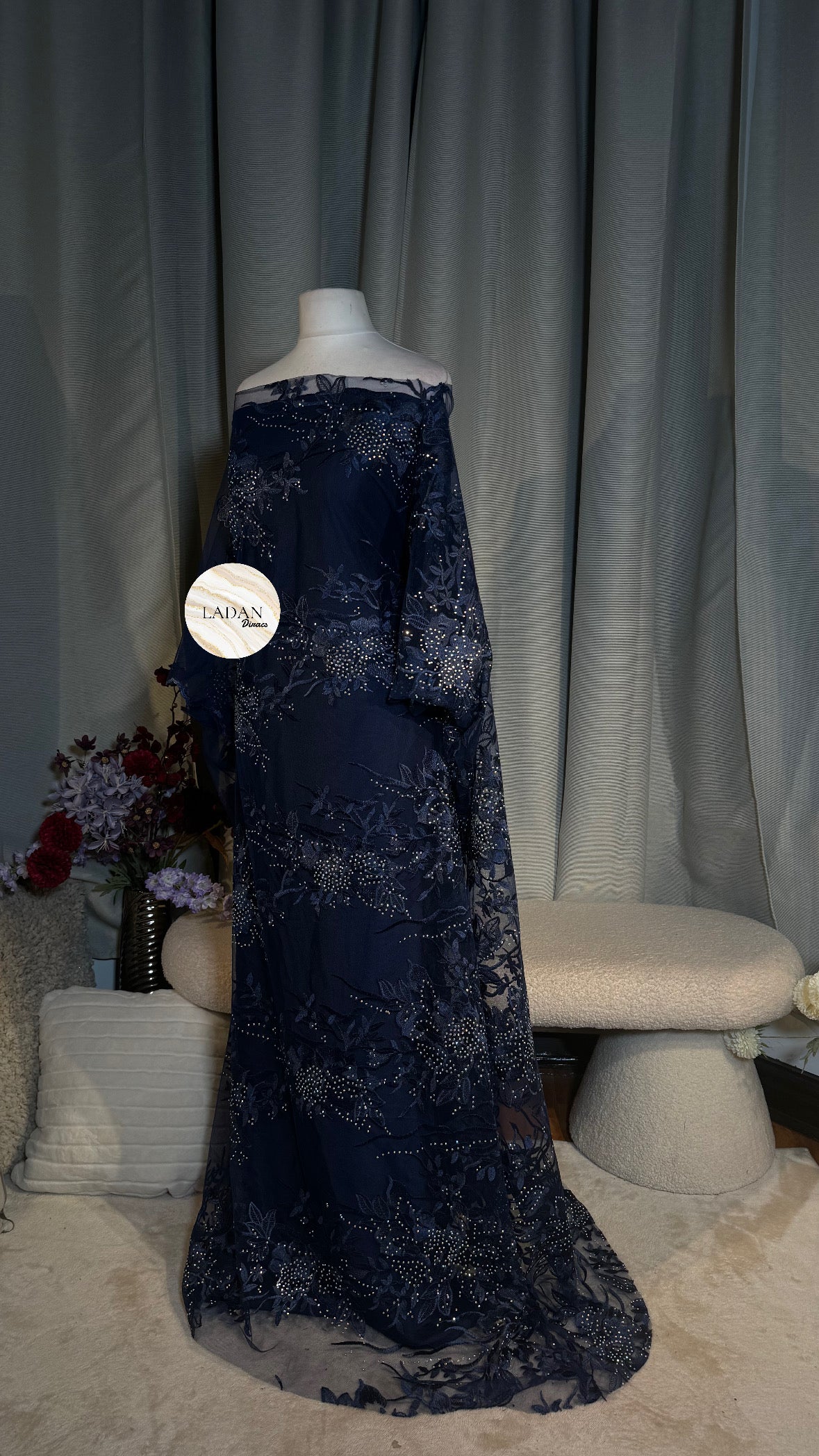 Floral Embroidered Lace Dirac Set | Navy Blue