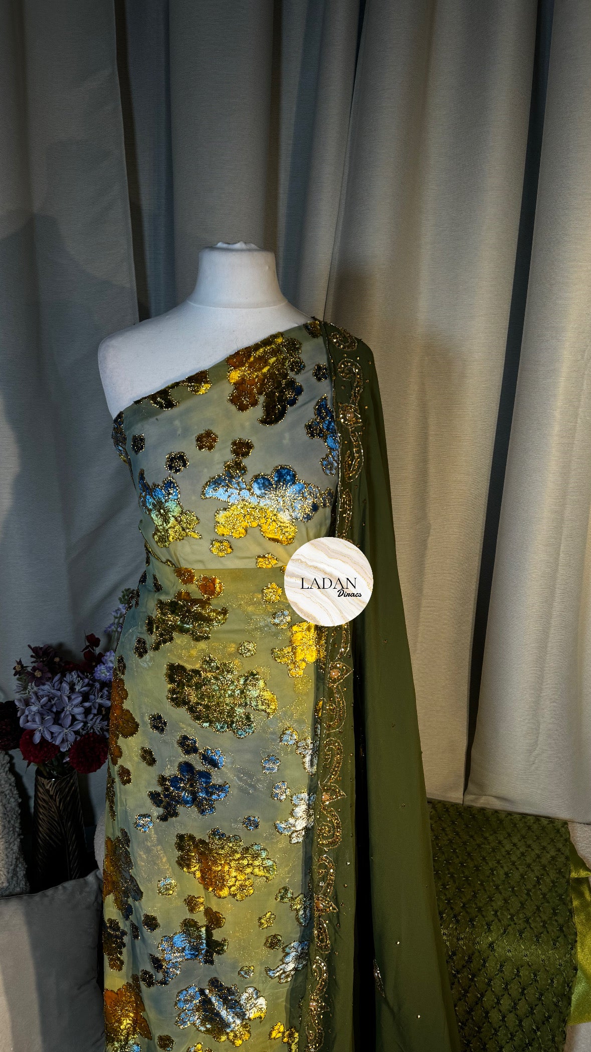Floral Maqbal Collection | Olive Green Dirac Set