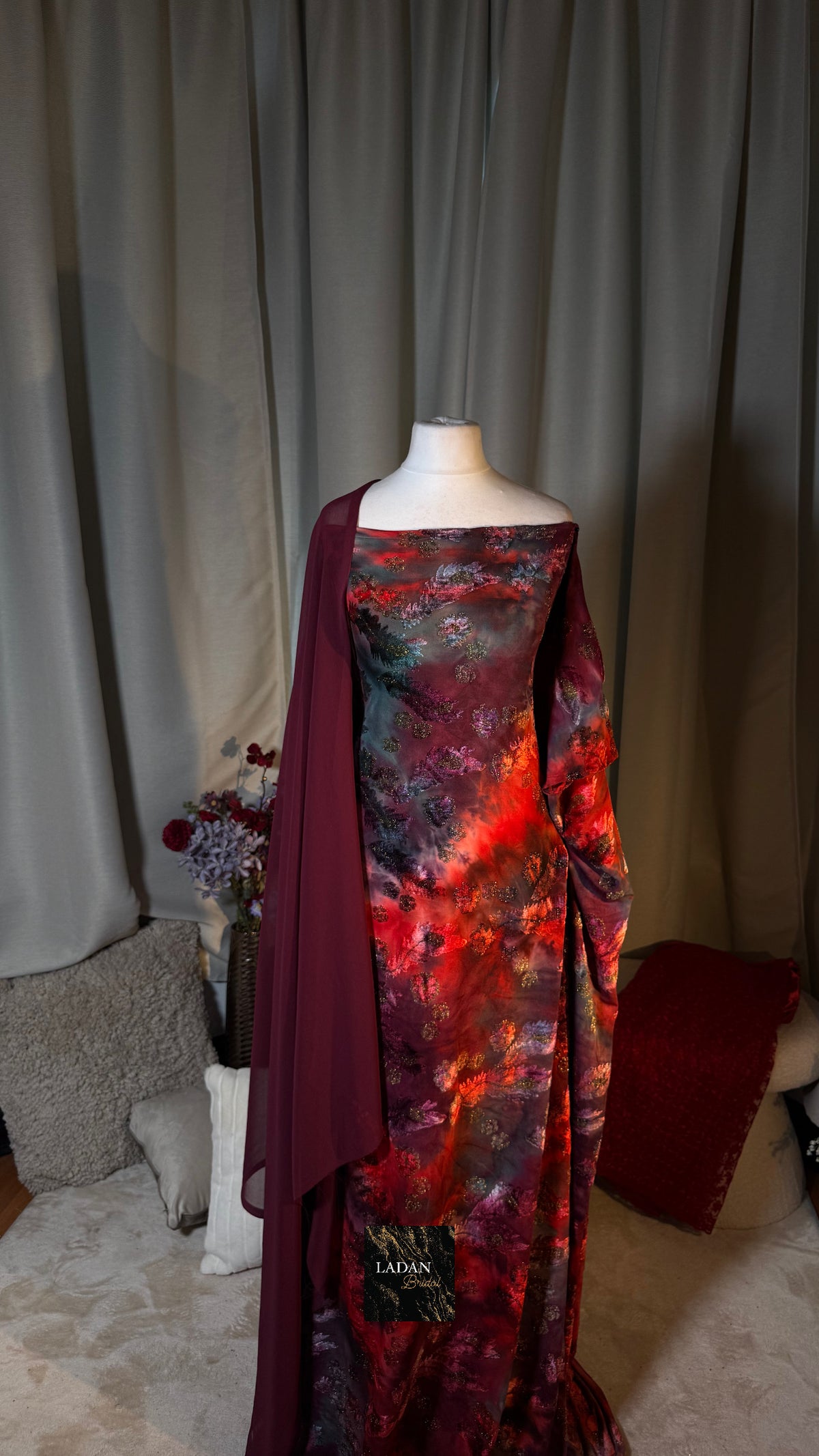 Pre-Stitched Half- Bac Floral Velvet Dirac Set - Maroon/Red/Teal - Abaya Size 58/60