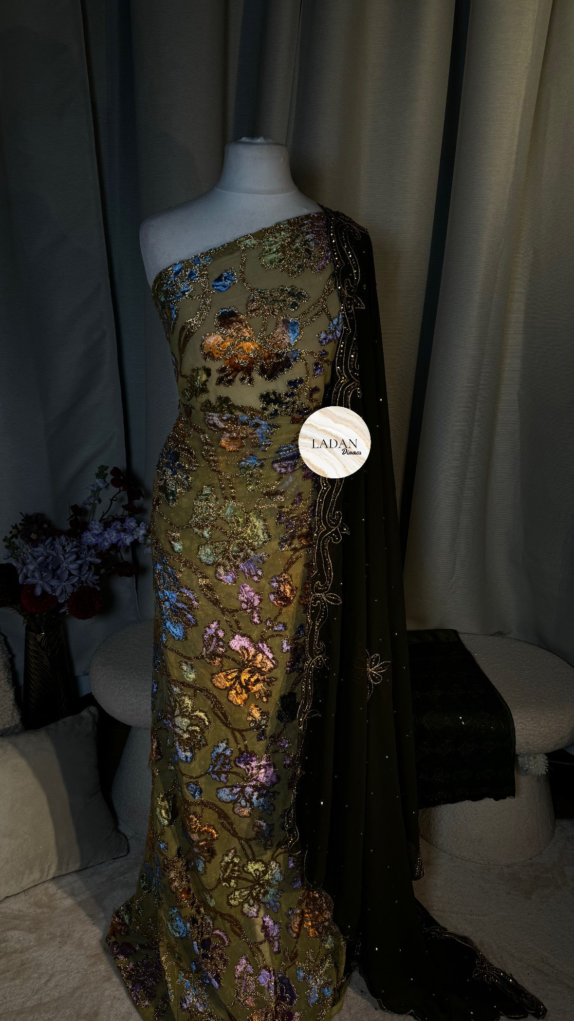 Floral Maqbal Collection | Olive Green Dirac Set