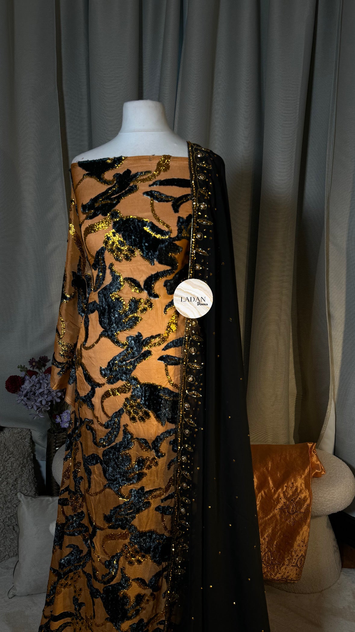 Floral Maqbal Collection | Black & Peach Dirac Set