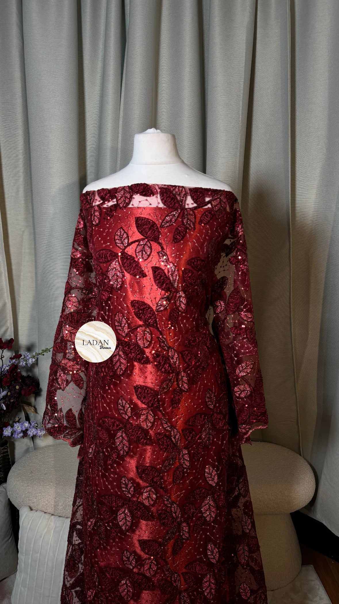 Maroon Leaf Lace Dirac Set