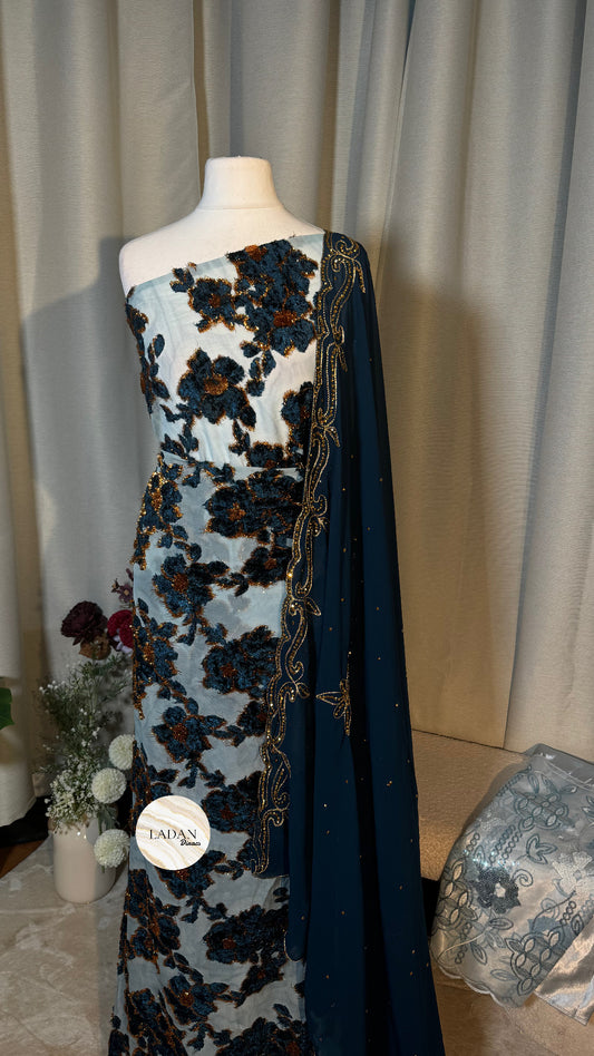 Luxury Floral Maqbal | Blue Dirac Set