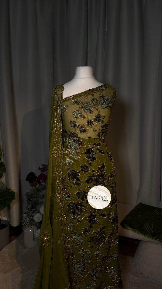 Luxury Floral Maqbal | Olive Green Dirac Set