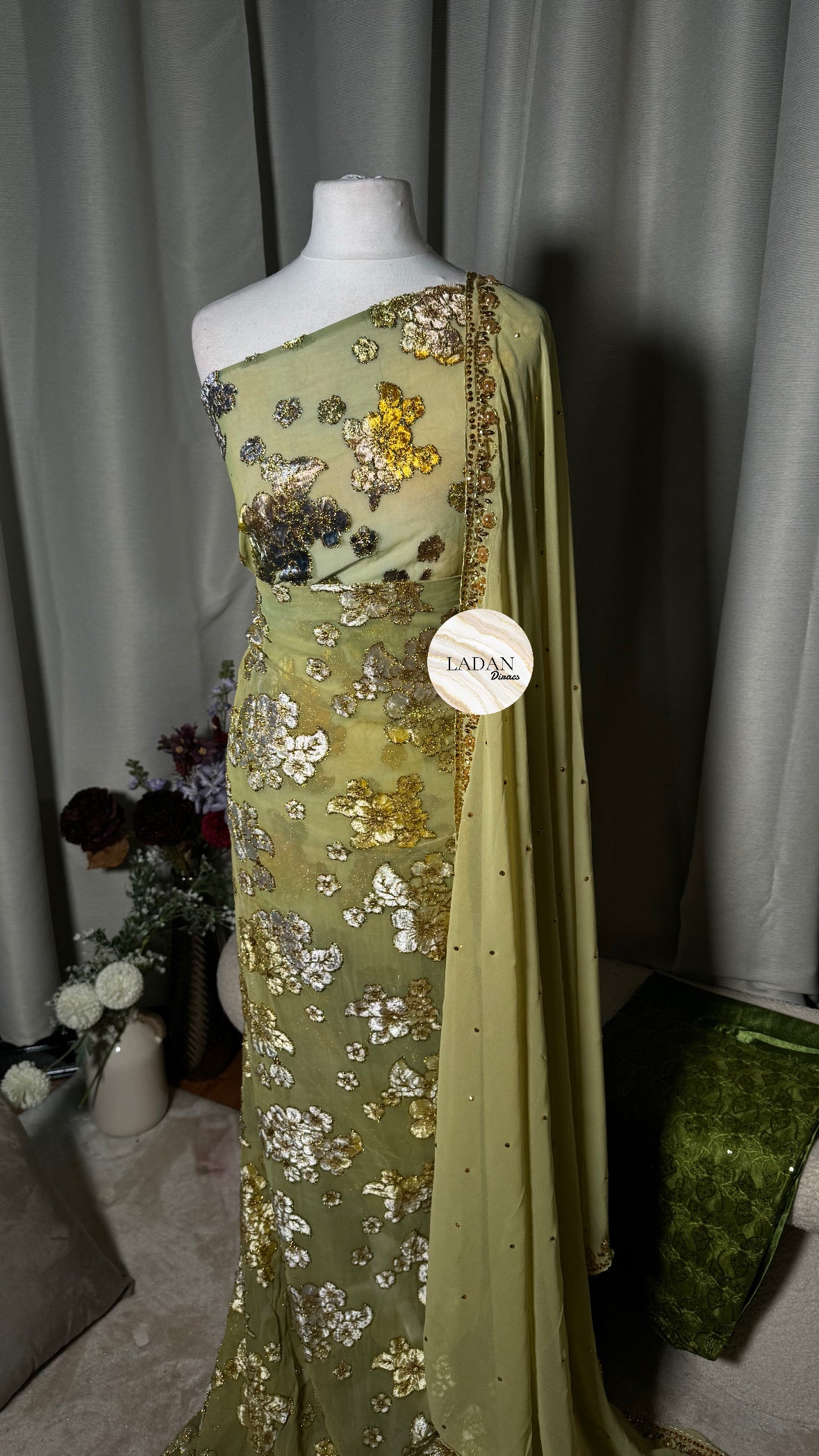 Floral Maqbal Collection | Sage Green Dirac Set