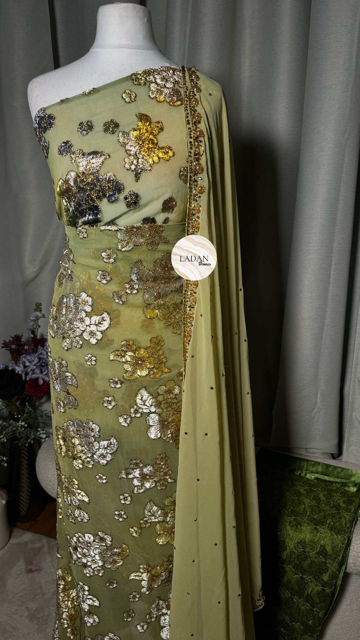 Floral Maqbal Collection | Sage Green Dirac Set