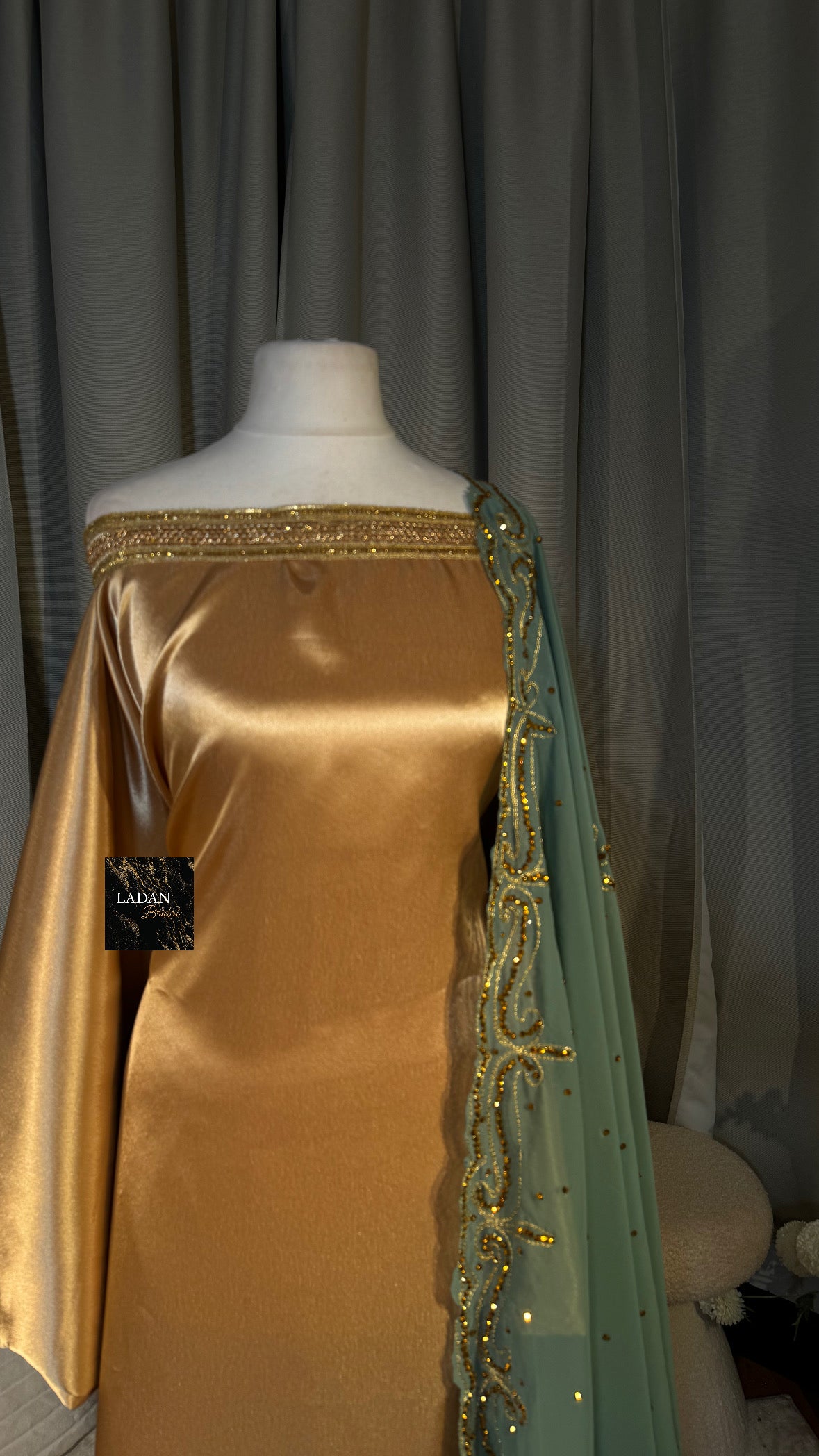 Bespoke Satin Bridesmaids Set - Chiffon Embroided Garbasaars | Gold & Mint Green