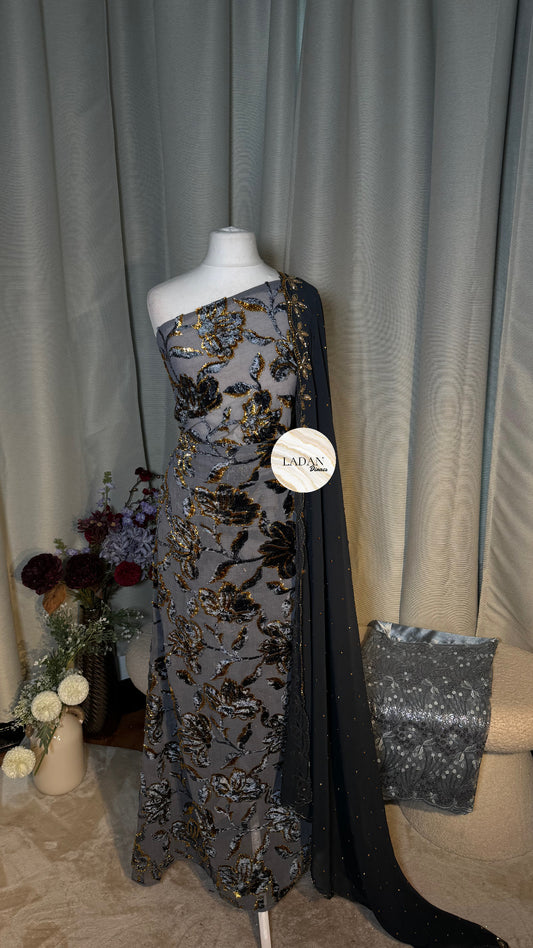Luxury Maqbal | Hibiscus Collection | Grey Dirac Set