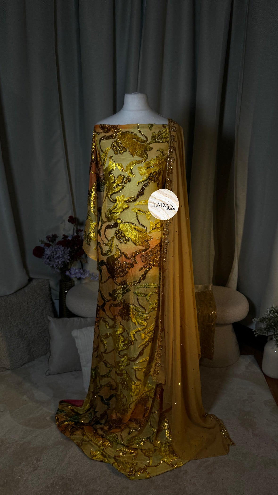 Floral Maqbal Collection | Gold, Peach & Pink Dirac Set
