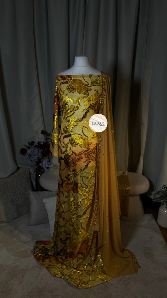 Floral Maqbal Collection | Gold, Peach & Pink Dirac Set