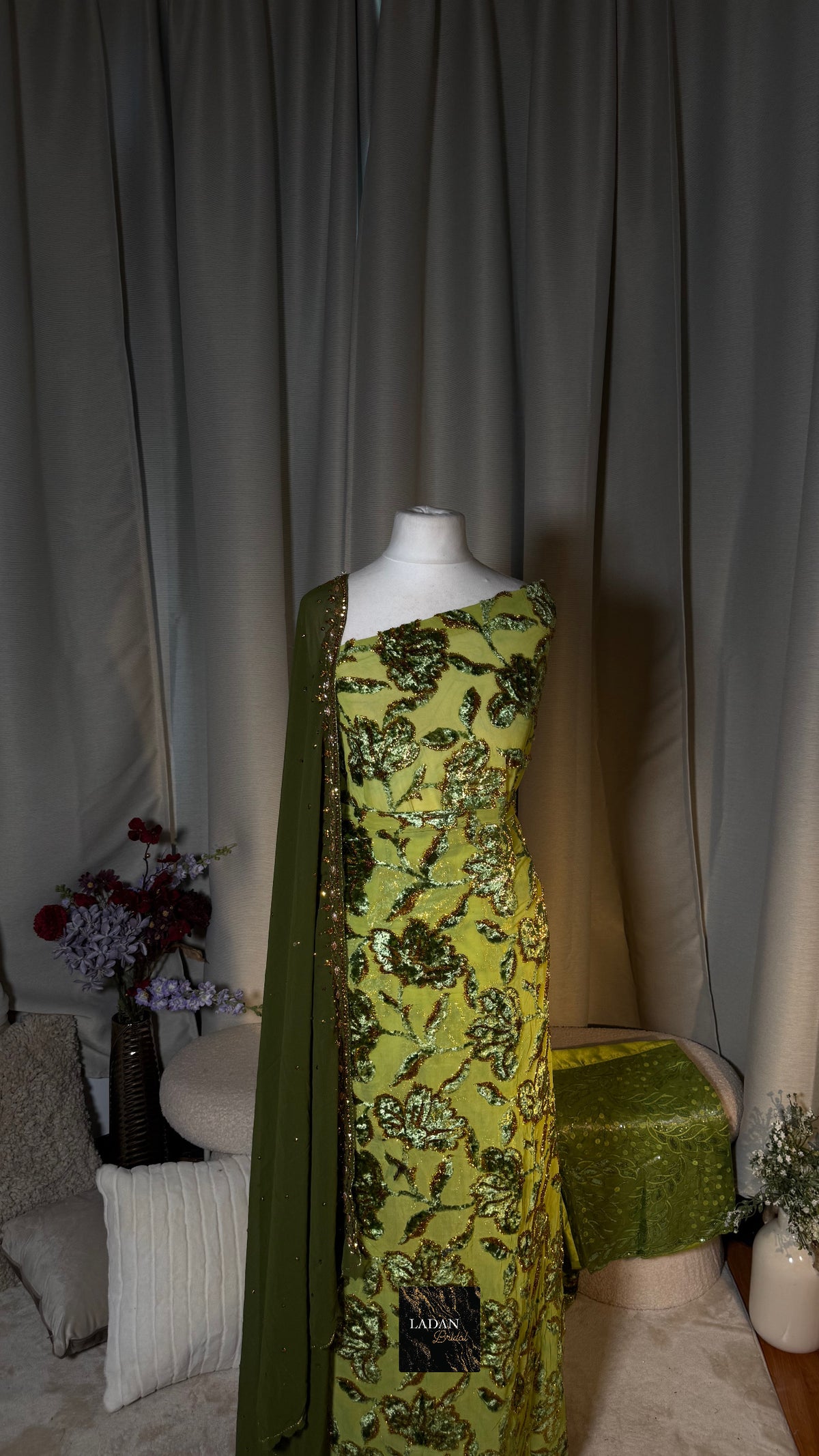 Luxury Maqbal | Hibiscus Collection | Olive & Mint Green Gold Dirac Set