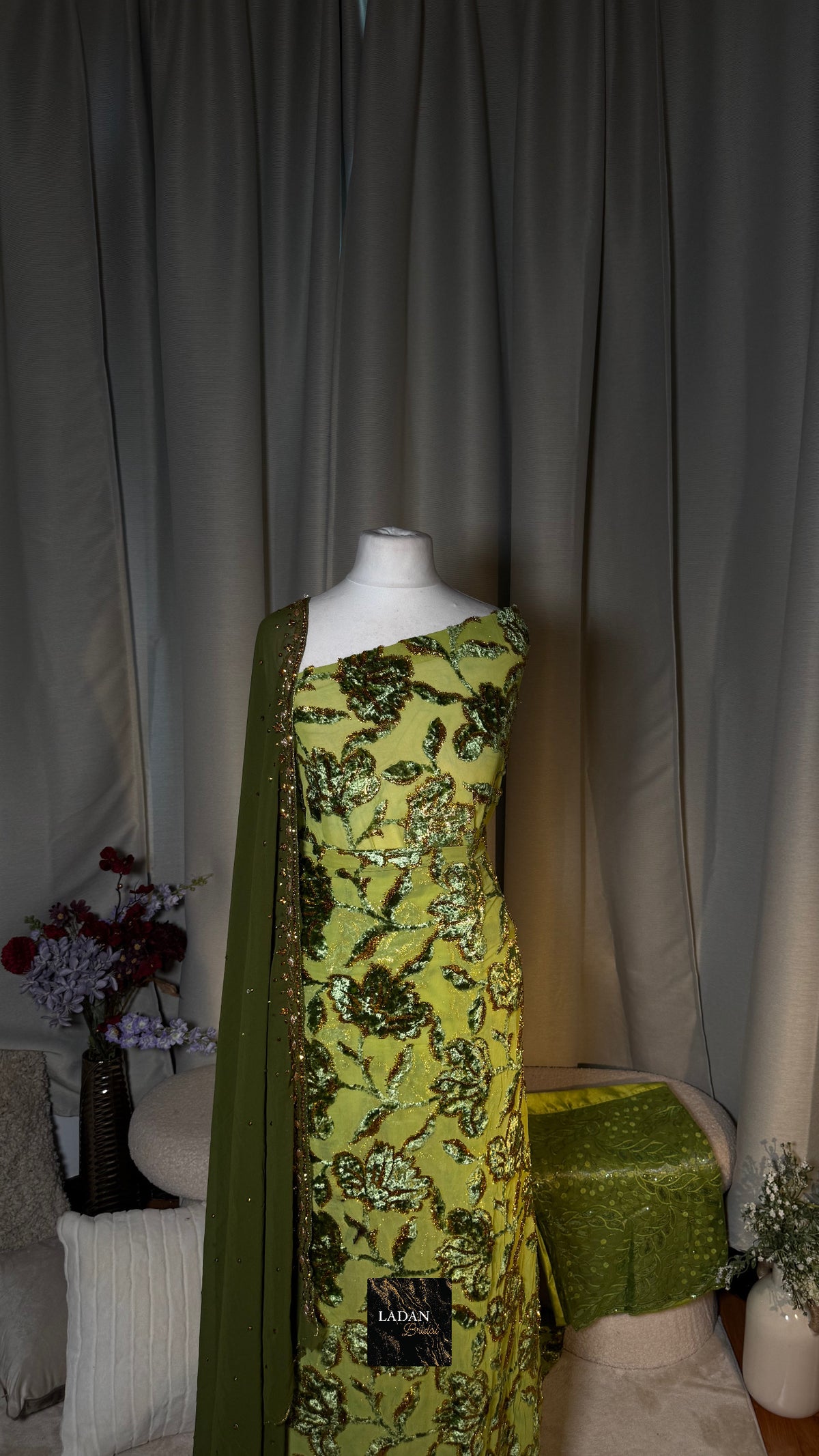 Luxury Maqbal | Hibiscus Collection | Olive & Mint Green Gold Dirac Set