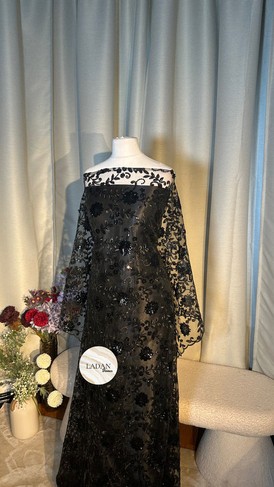 Floral Sequin Lace Dirac Set | Black | Non Tailored