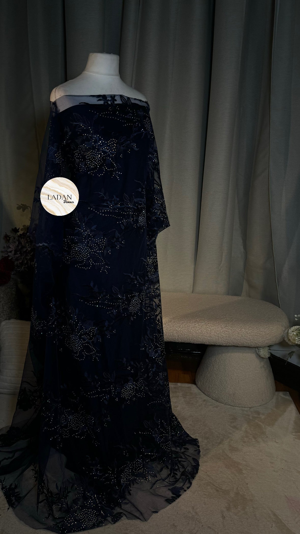 Floral Embroidered Lace Dirac Set | Navy Blue