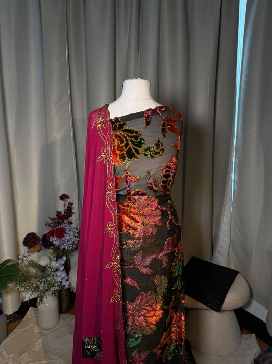 Floral Maqbal Collection | Purple, Orange, Green and Gold Dirac Set